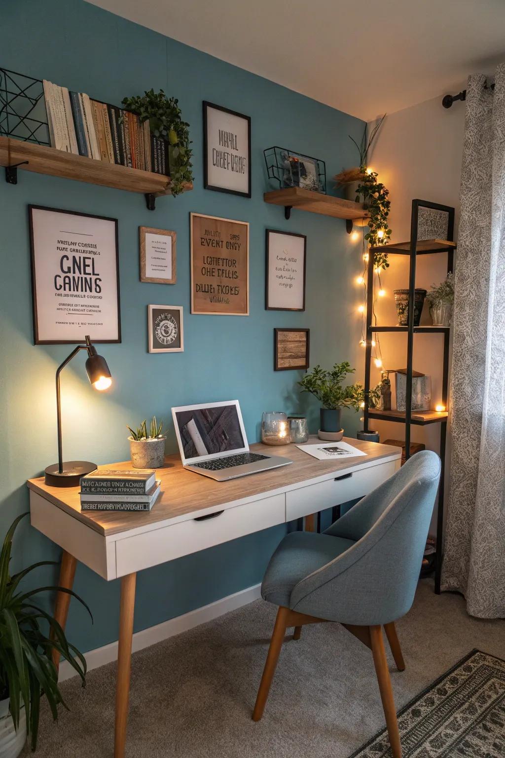 Enhance productivity with a creative home office adorned in cerulean.