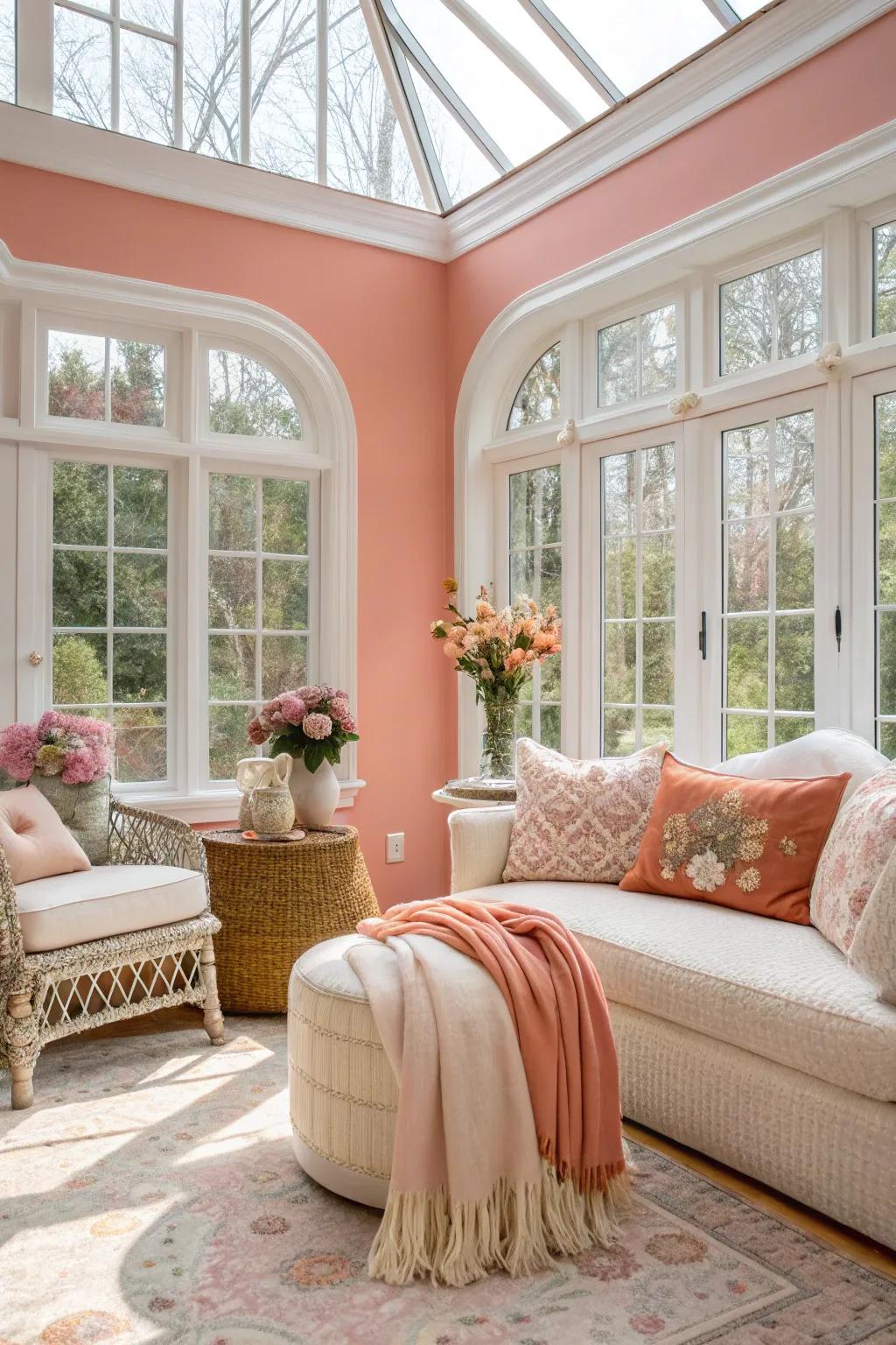 Sunroom with pale salmon walls, presenting a soft and radiant atmosphere.