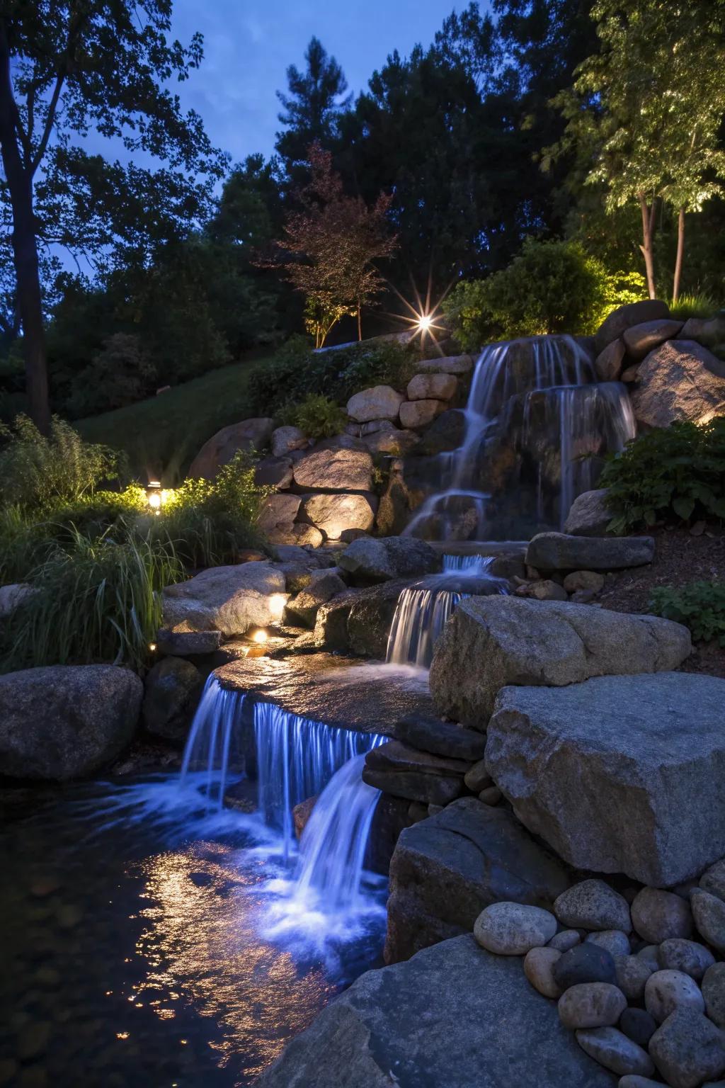 Integrated illumination transforms your waterfall into a twilight spectacle.