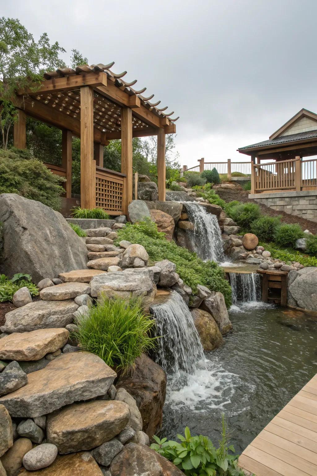 Wood and stone parts create a balanced and peaceful waterfall.