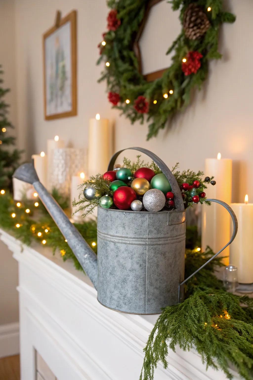A festive bauble presentation utilizing a watering can.