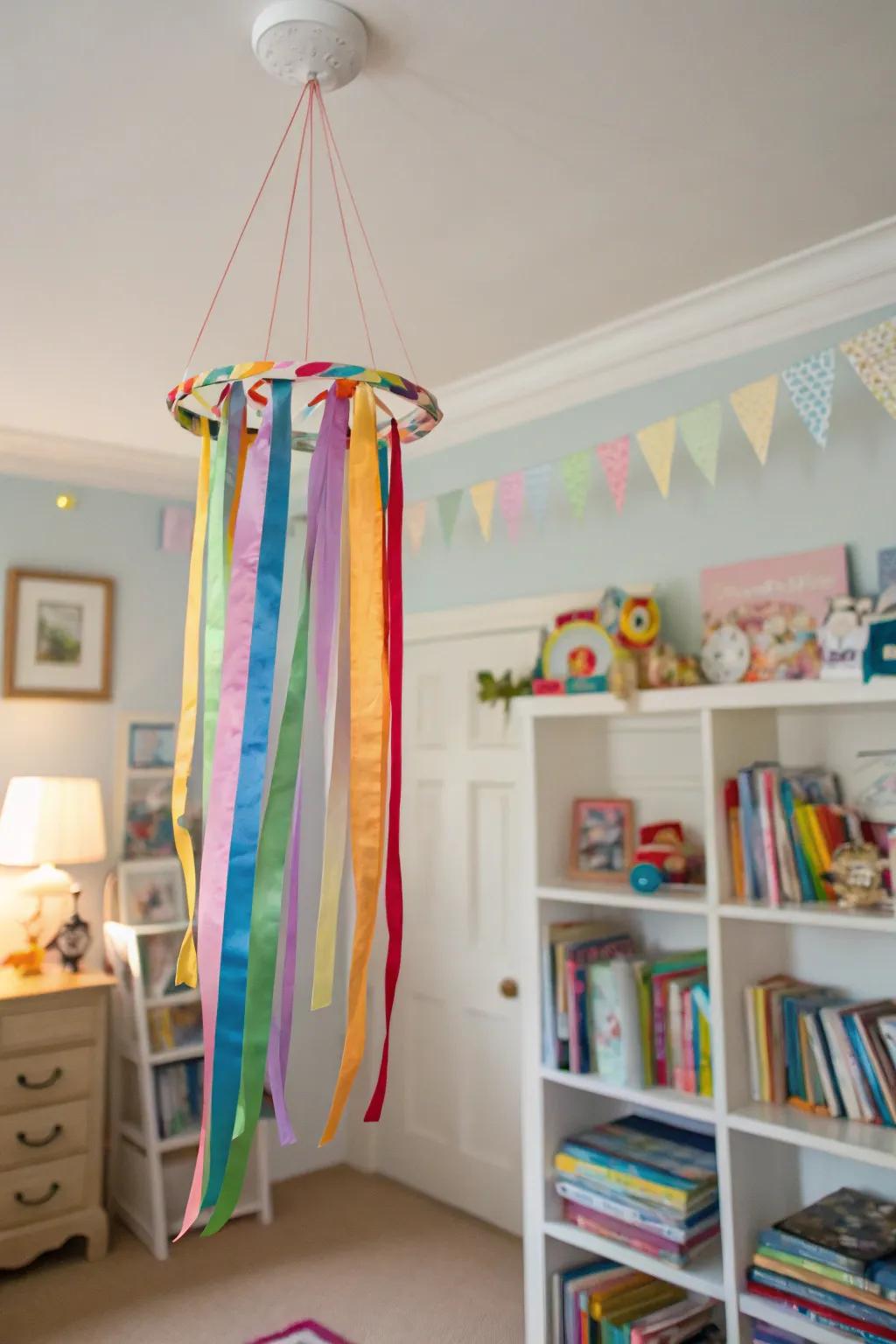 A ribbon suspension that imparts motion and playfulness to a chamber.