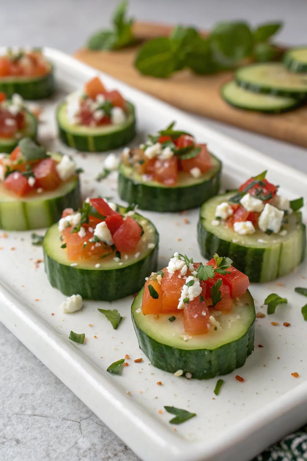 Revitalizing cucumber bites topped with a selection of delicious spreads.