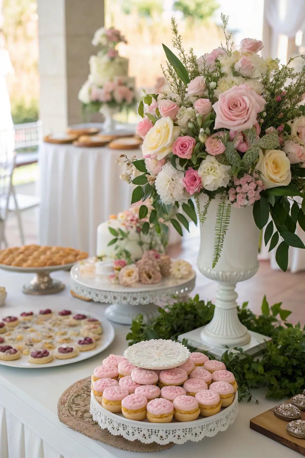 A central bloom arrangement provides a visual point on a wedding cookie display.