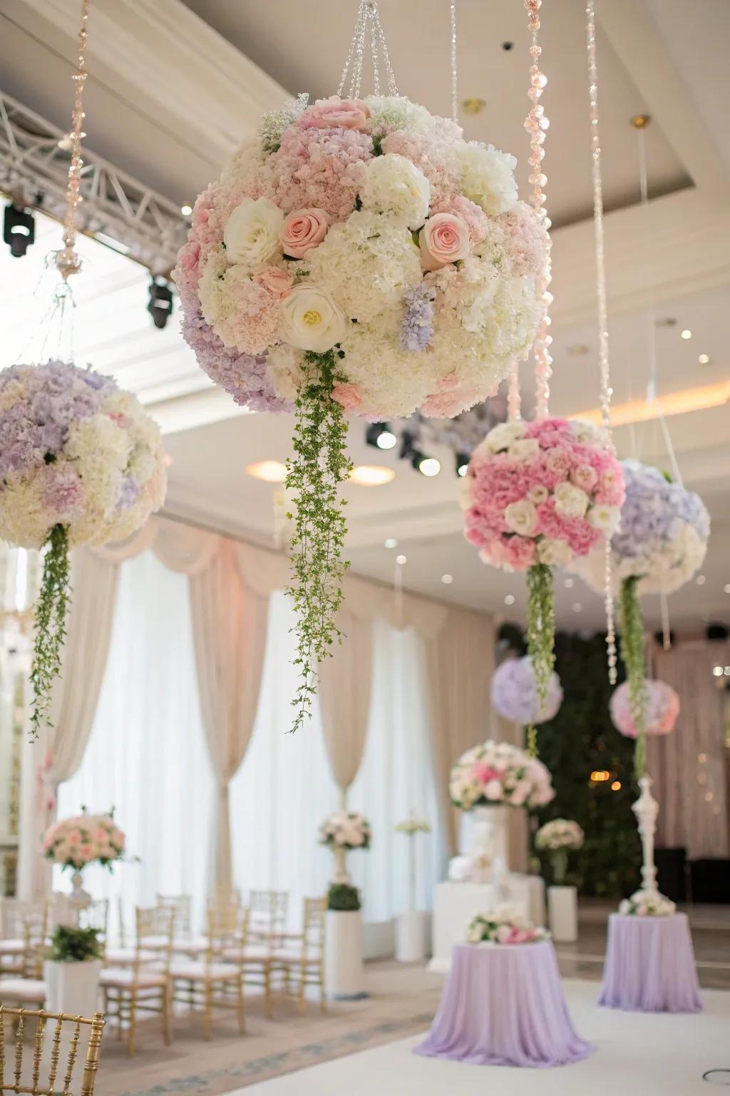 Floating floral installations, creating a magical and eye-catching atmosphere for the wedding.