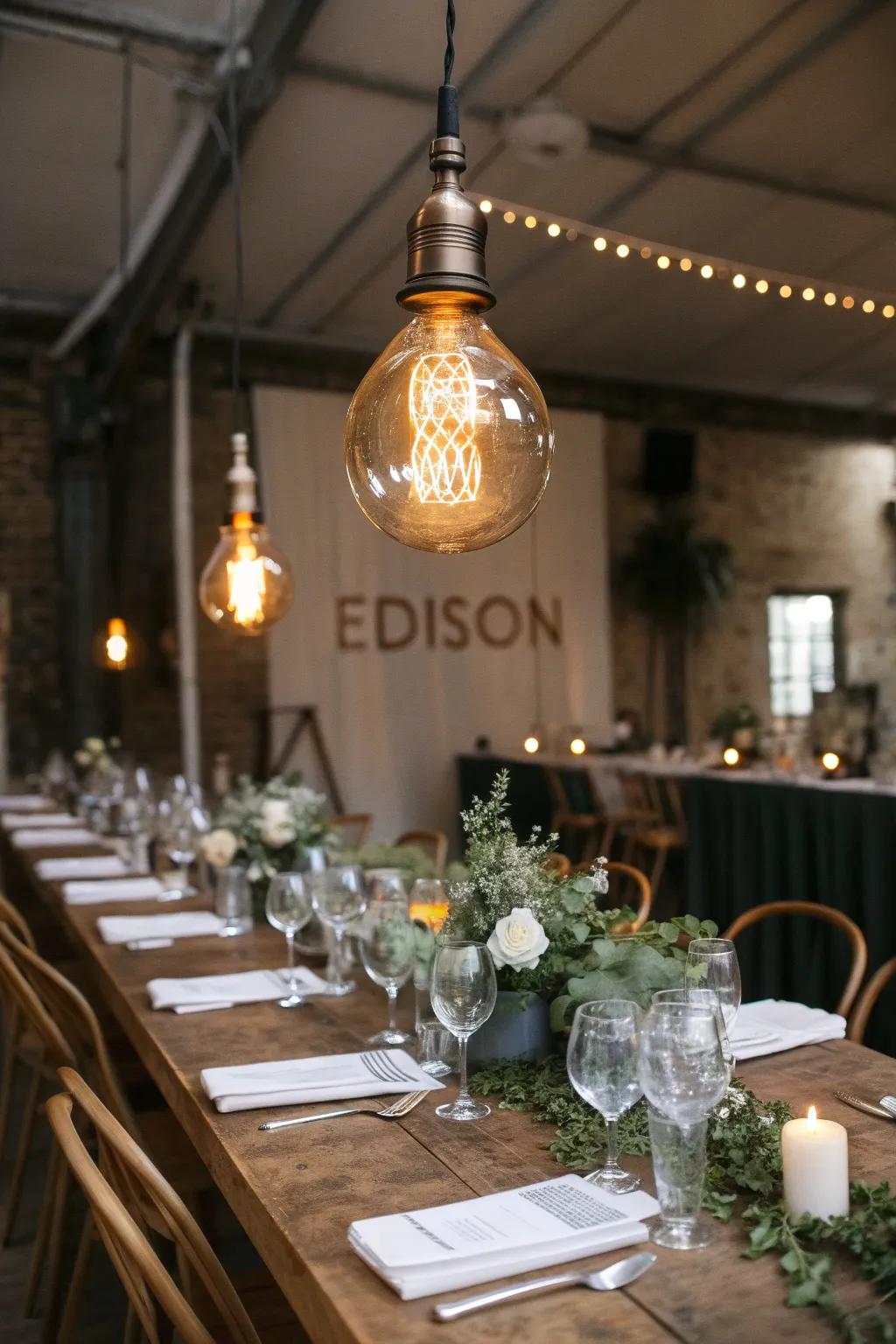 Edison bulbs bring an industrial chic flair to your wedding tables.
