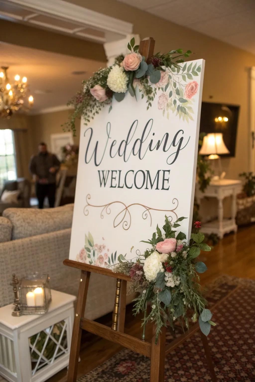 A welcome board featuring custom art, adding a personal touch to any wedding.