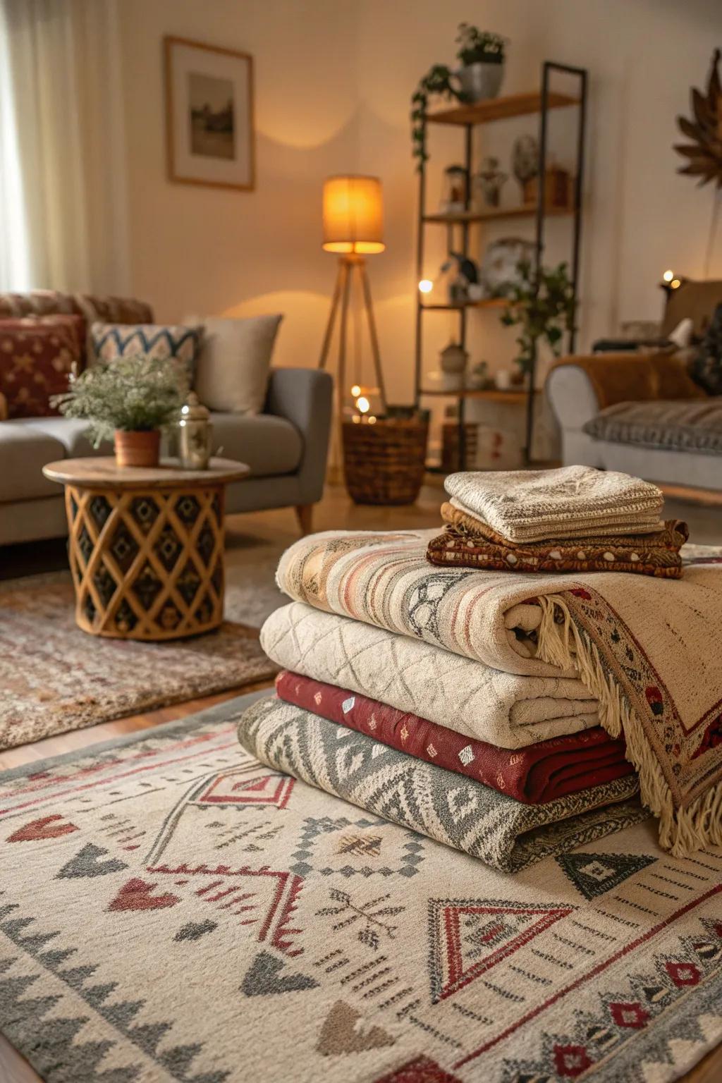 Layering textiles adds visual interest and warmth.