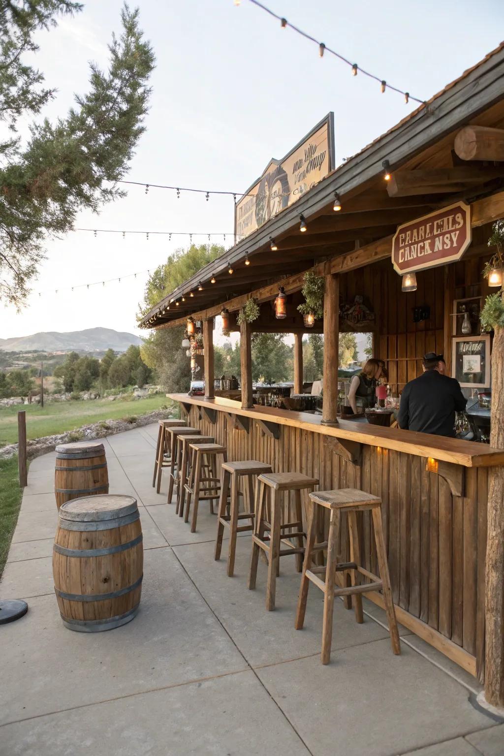 A cowboy-style bar adds a fun, casual vibe to the patio.