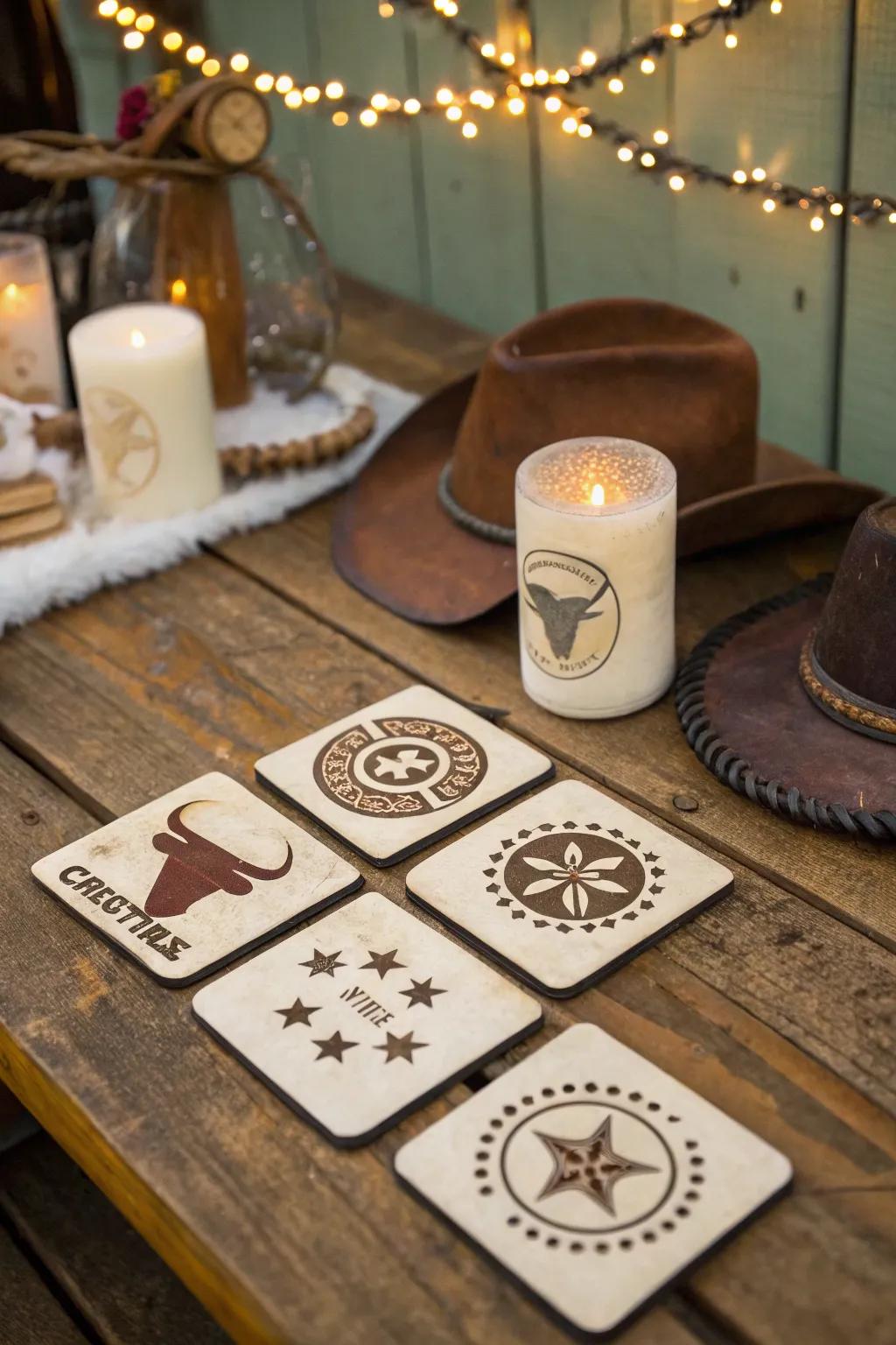 DIY cattle symbol coasters add a personalized touch.