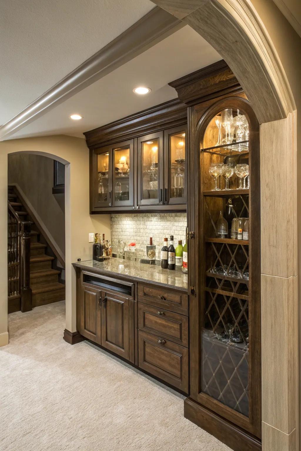 A hidden bar setup offers a surprise element in a sleek and tidy package.