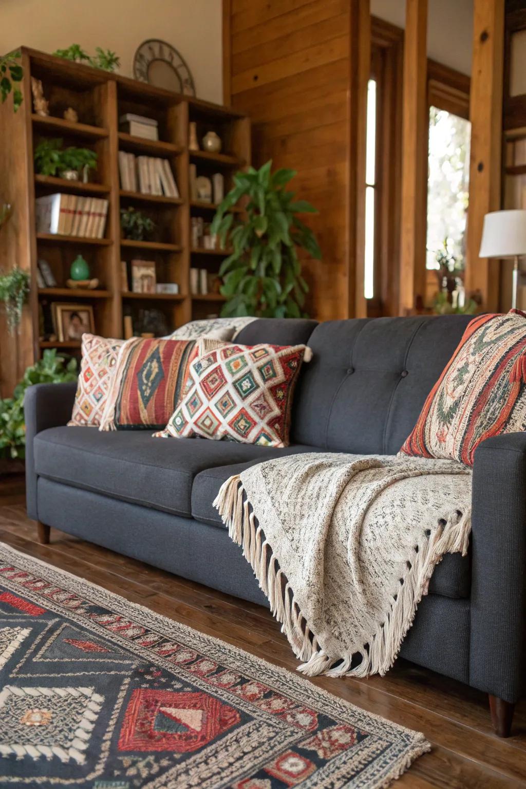 Tasseled pillows bring a boho-chic flair to the dark grey couch.