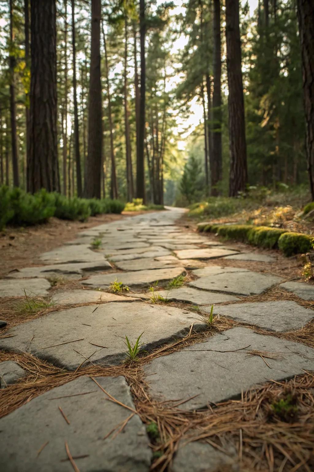 Pine needles append a woodland allure to flagstone paths.