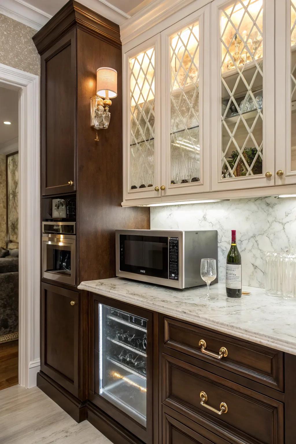 A butler's pantry is an elegant and arranged spot for your microwave.