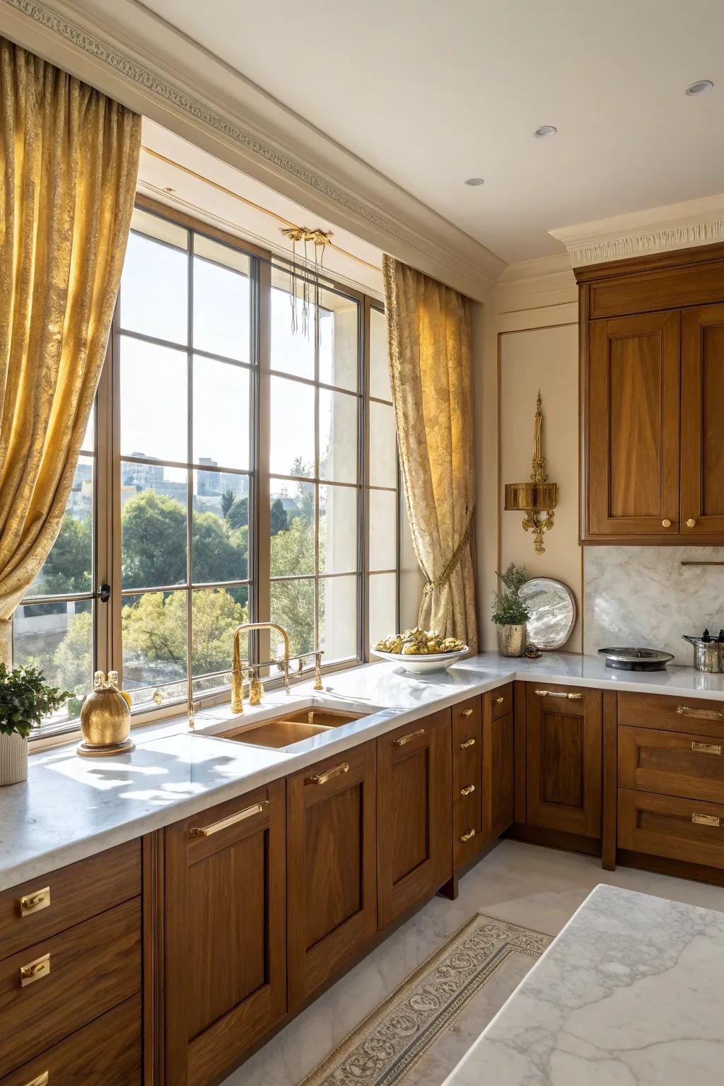 Curtains accented with gold beautifully frame your kitchen area.