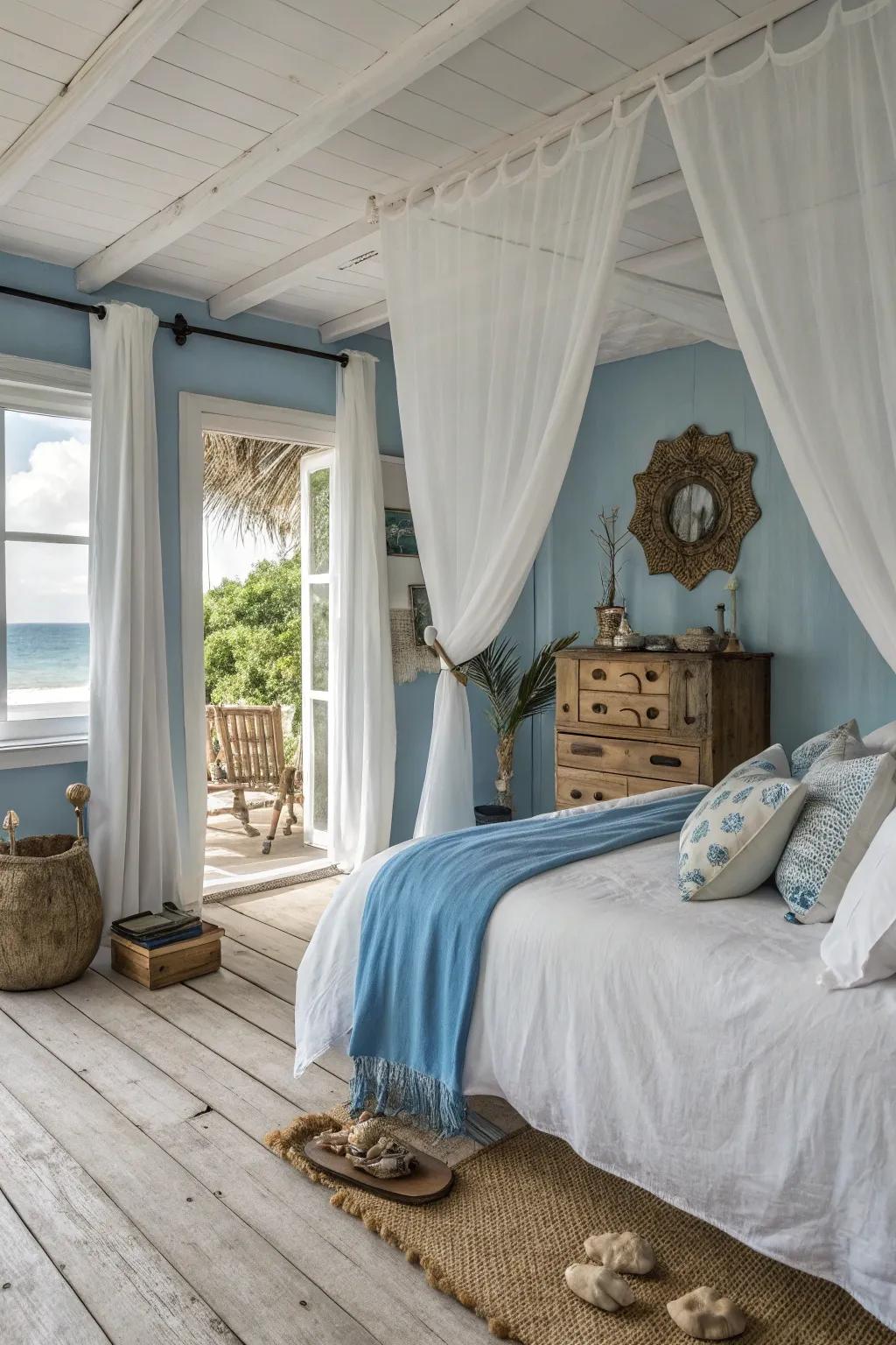 Ivory drapes enhance the coastal vibes in this serene bedroom.