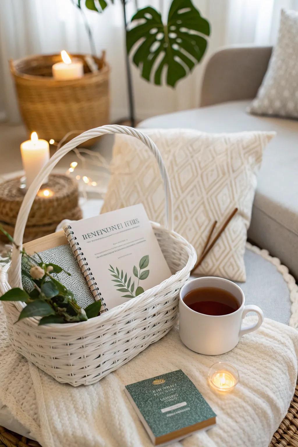 A mindfulness starter kit white gift basket, crafted for inner peace and mindful living.