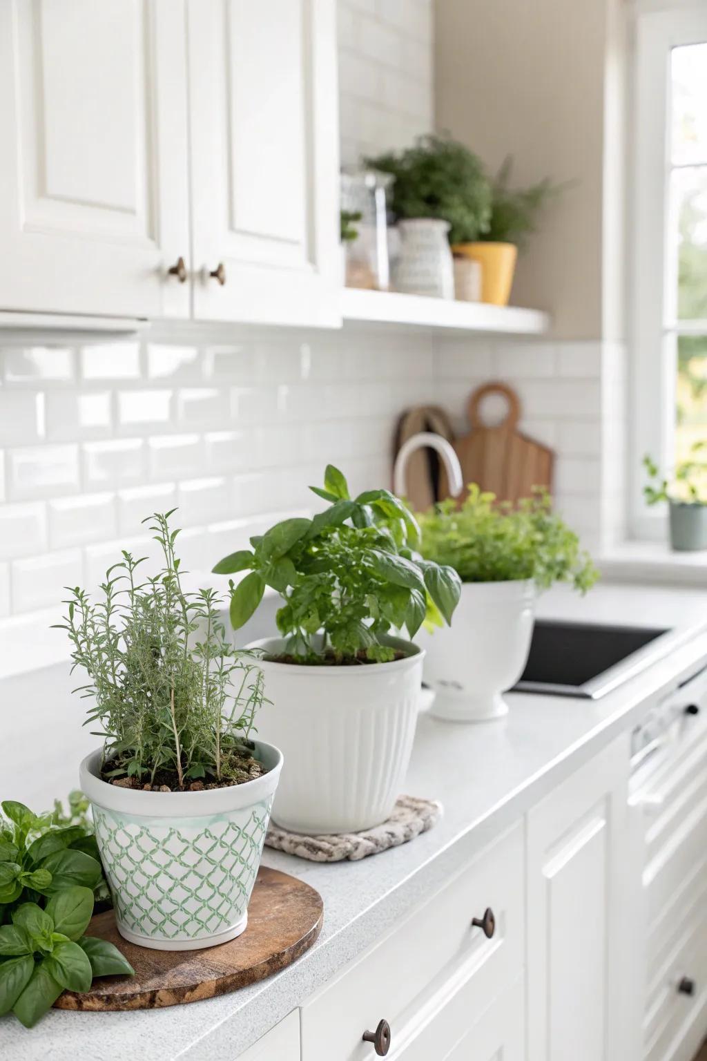 Greenery enlivens the white kitchen with a fresh, natural touch.