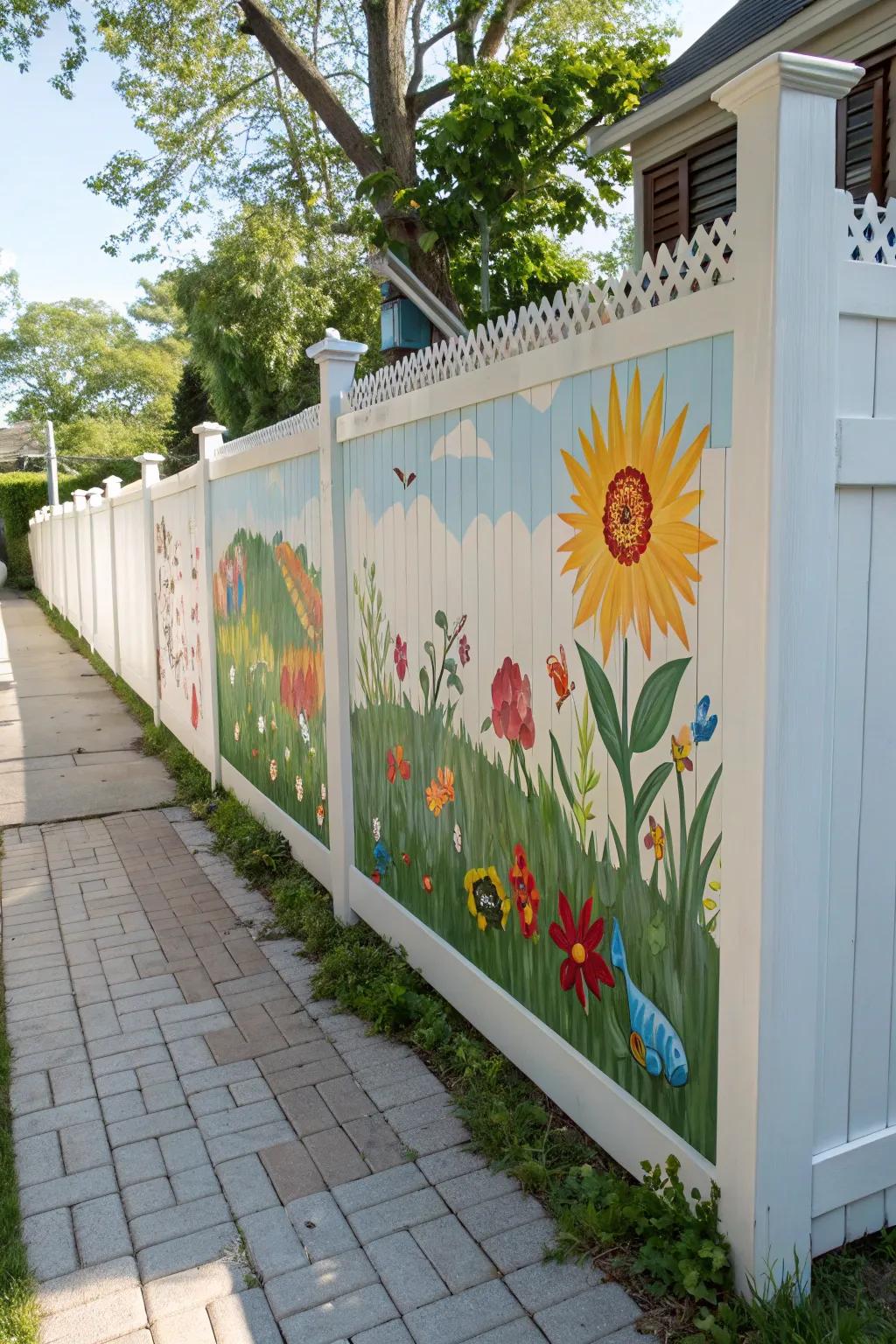 A colorful mural turns a white fence into a personal work of art.
