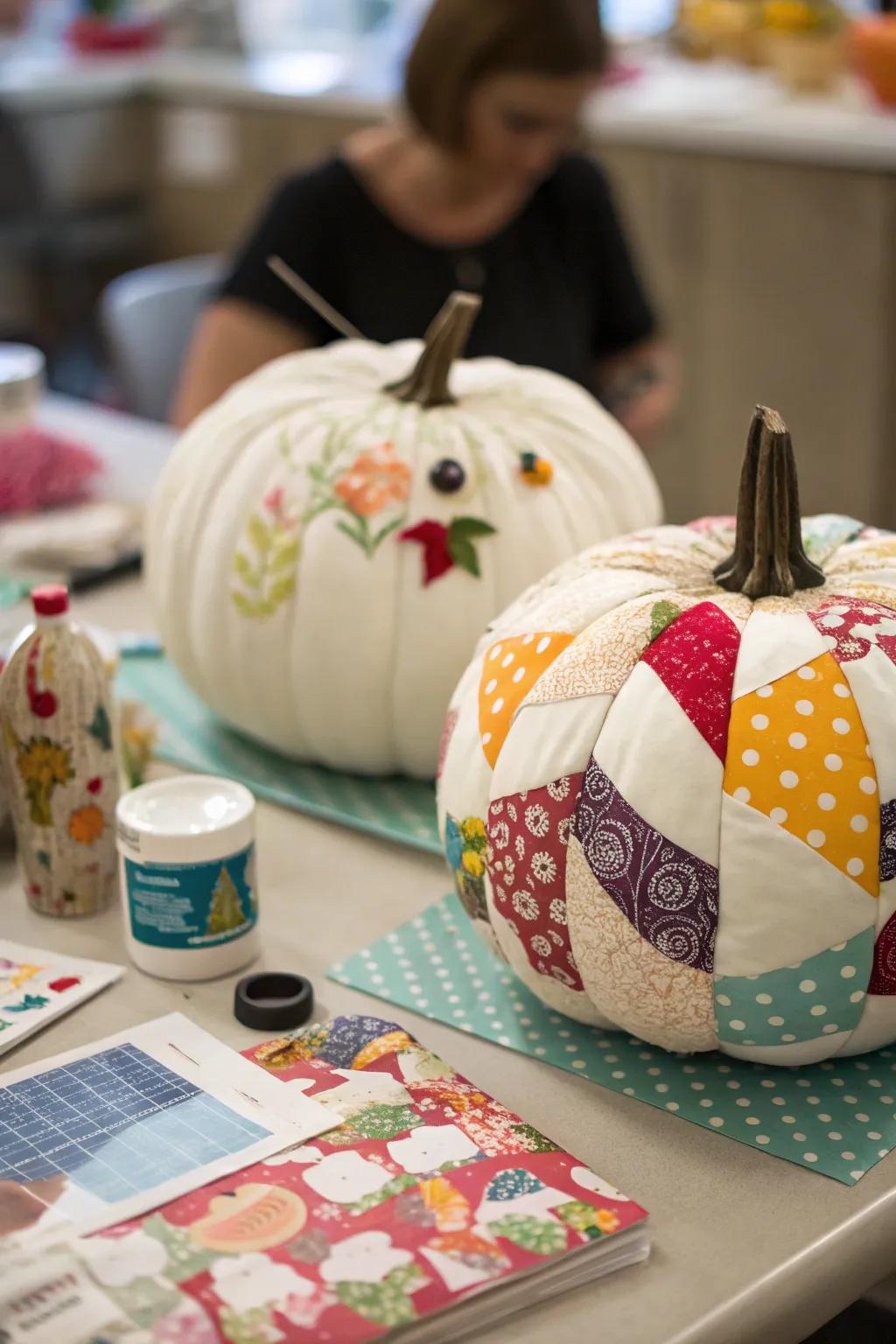 Decoupaged pumpkins for a unique pattern display.