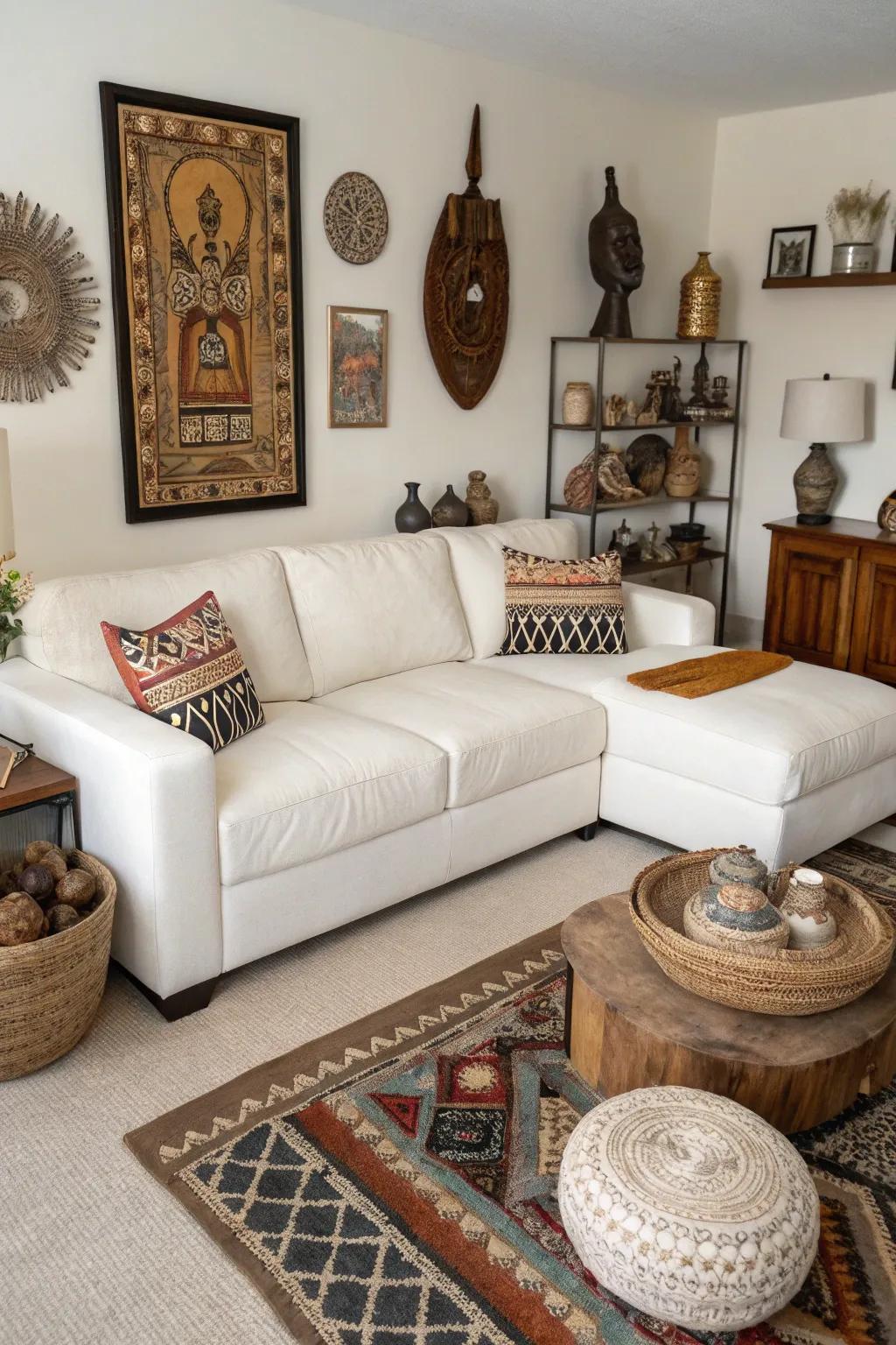 Cultural artifacts add a personal story to a living space featuring a white modular sofa.