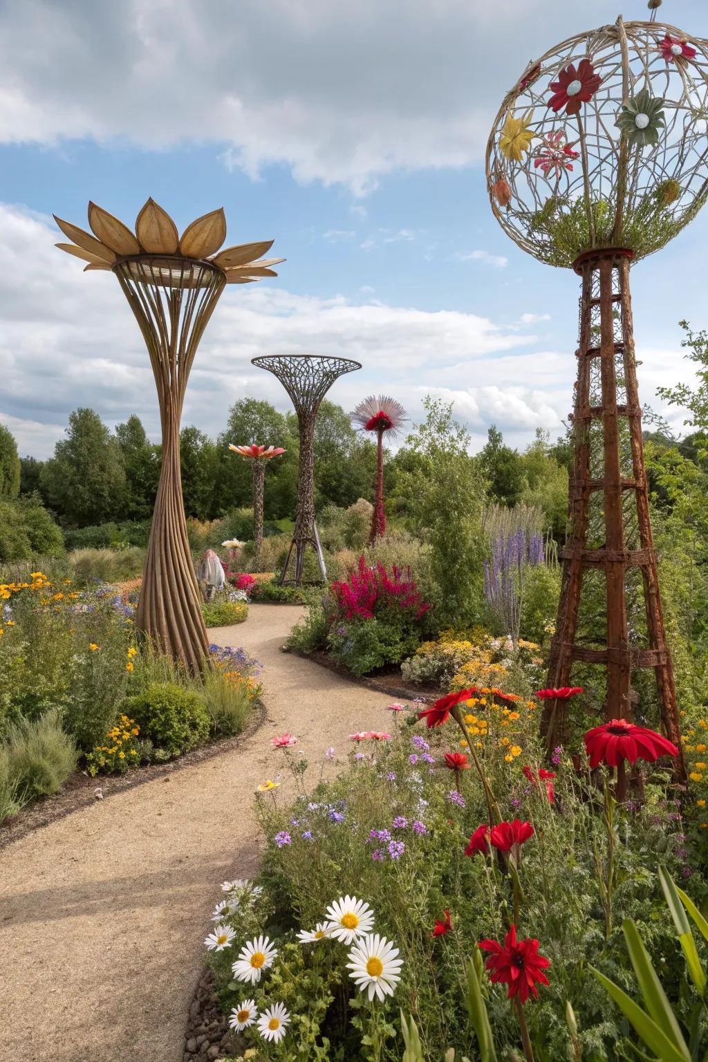 Where art converges with nature, showcasing a garden replete with wildflower-themed installations.