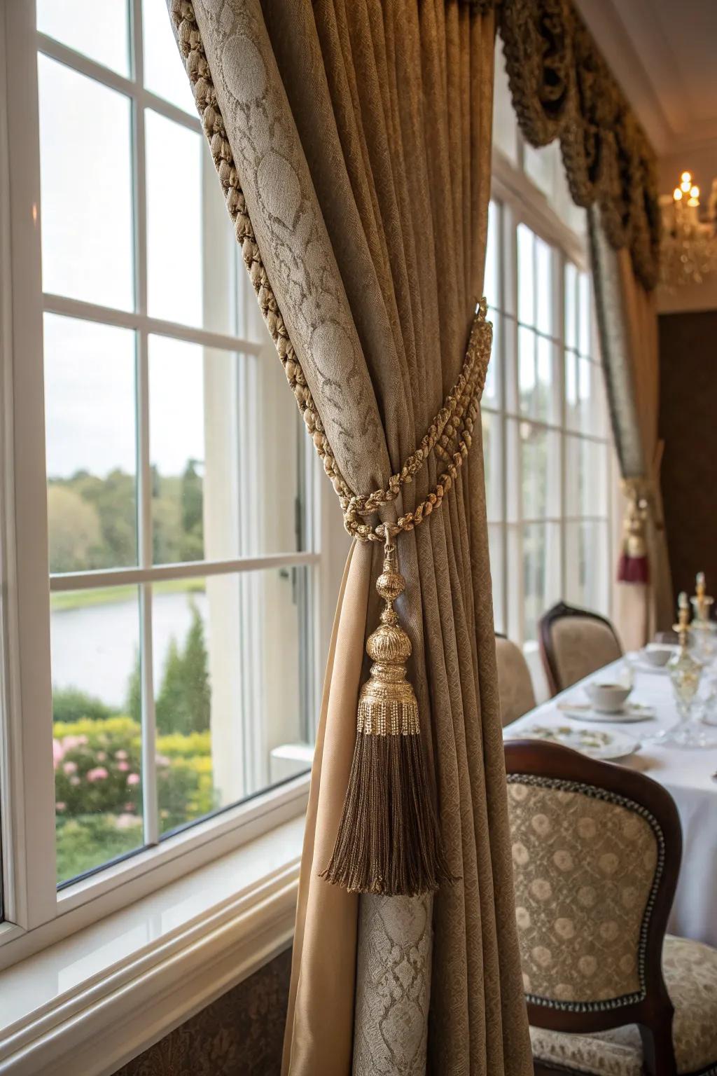 Stylish fringes and fasteners add beauty to these window treatments.