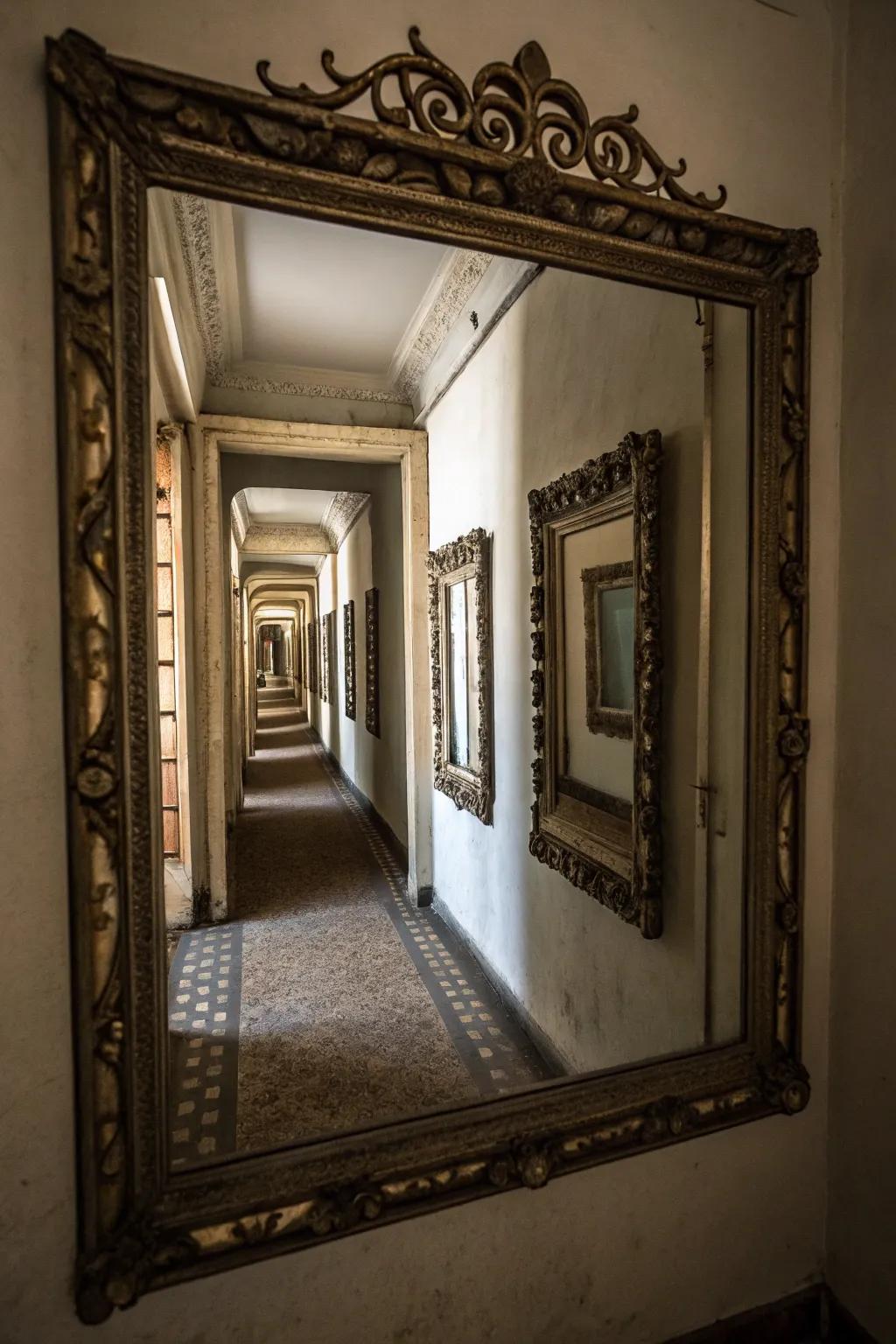 Mirrored window frames enhance light and space in small spaces.