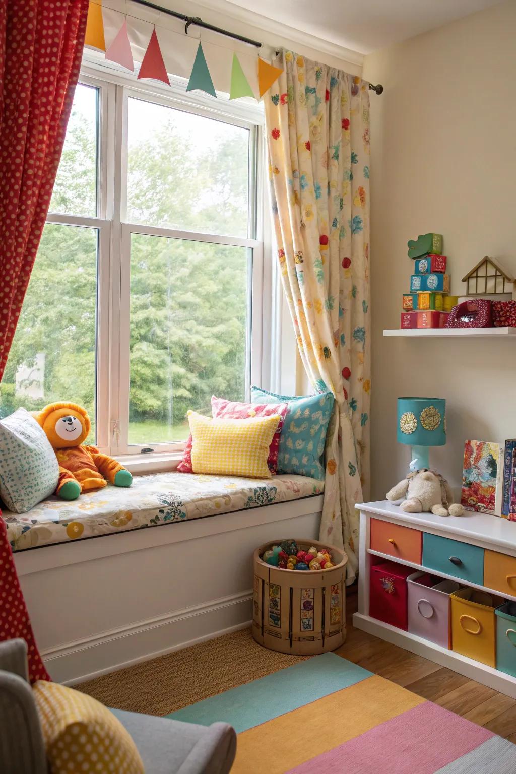 A welcoming and cheerful window seat in a kids' room, perfect for playing and relaxing.