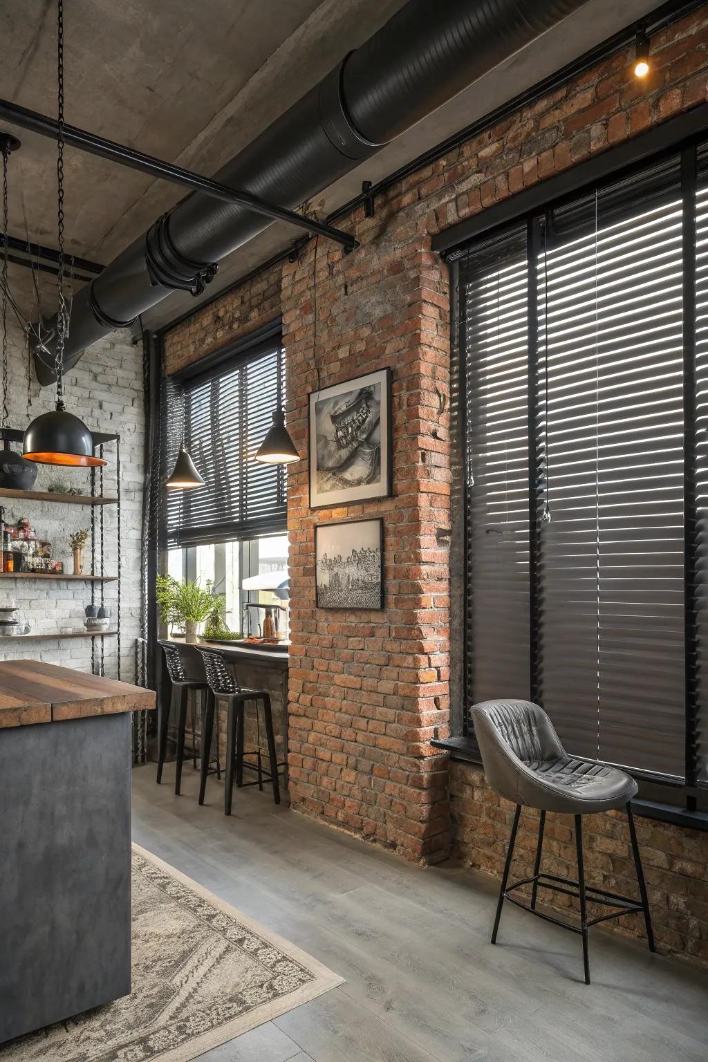 Add a modernistic angle by using elegant metal Venetian blinds.