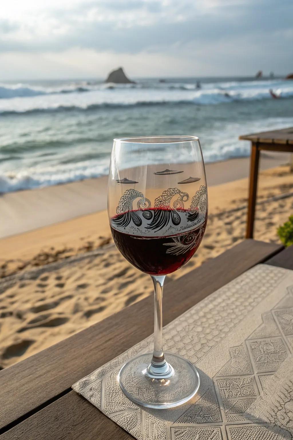 Ocean waves give a coastal beauty to your wine glass collection.