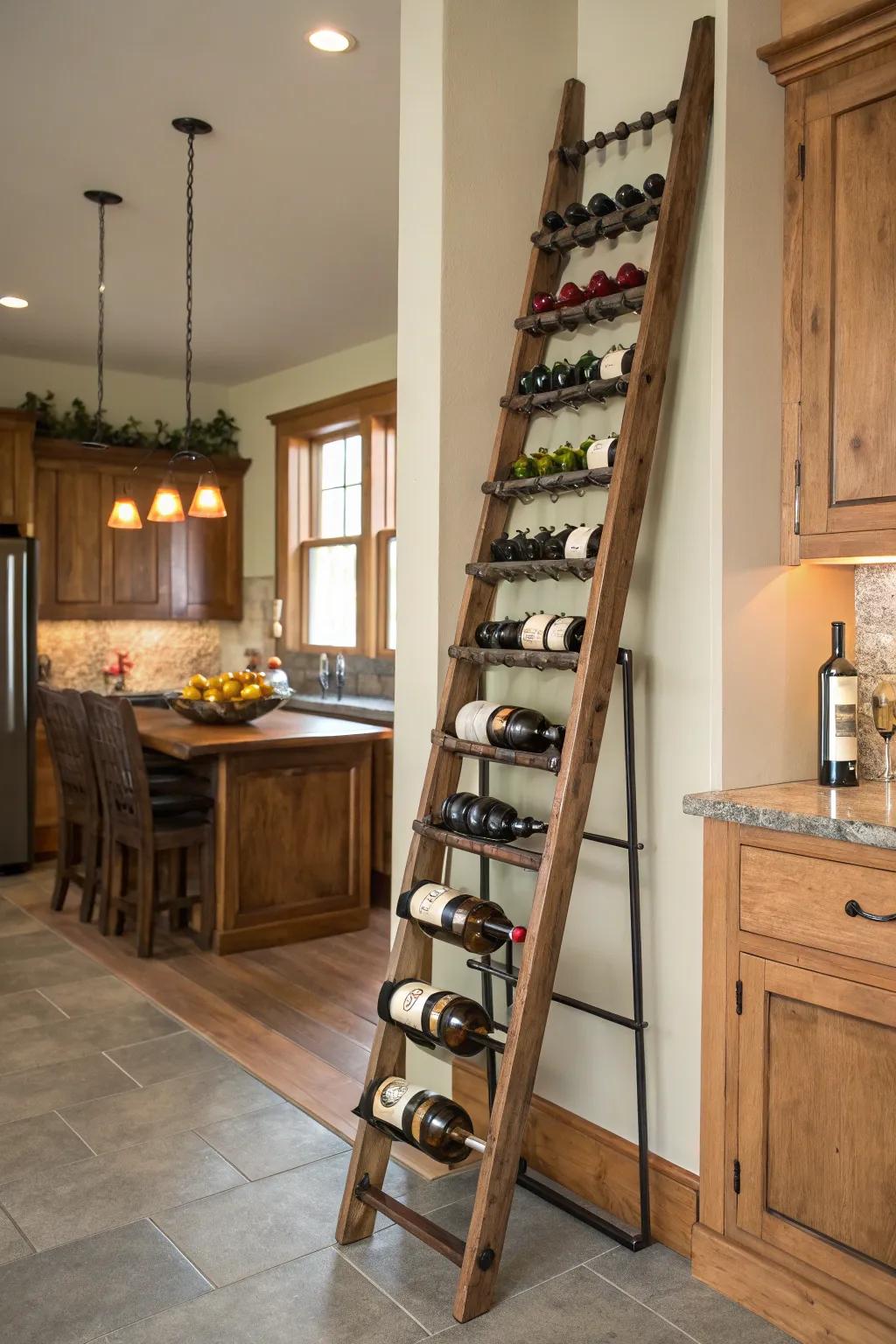 A ladder display incorporates dimension and flair to wine storage.