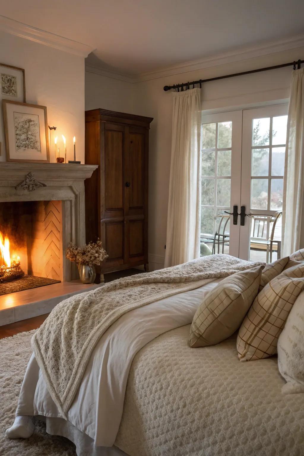 A fireplace adding warmth and a cozy glow to your bedroom.