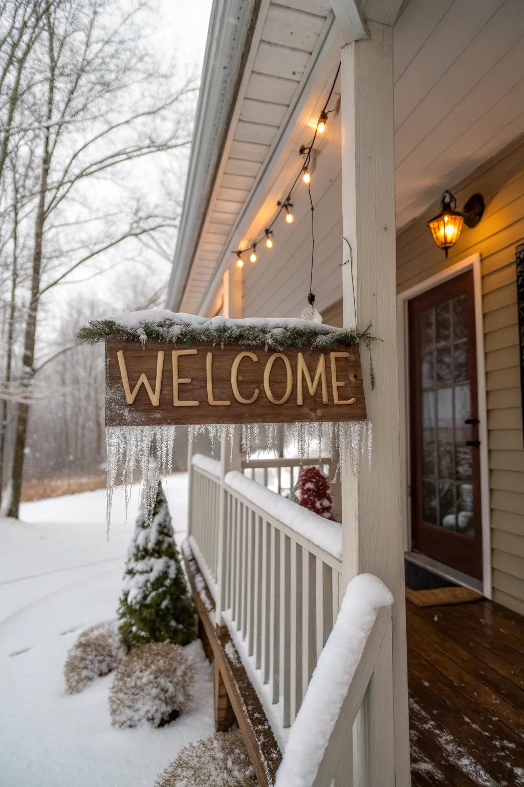 A seasonal greeting indication salutes visitors warmly onto this winter porch.