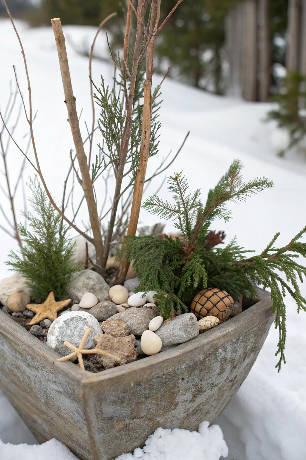 Found items such as driftwood customize your winter planters.