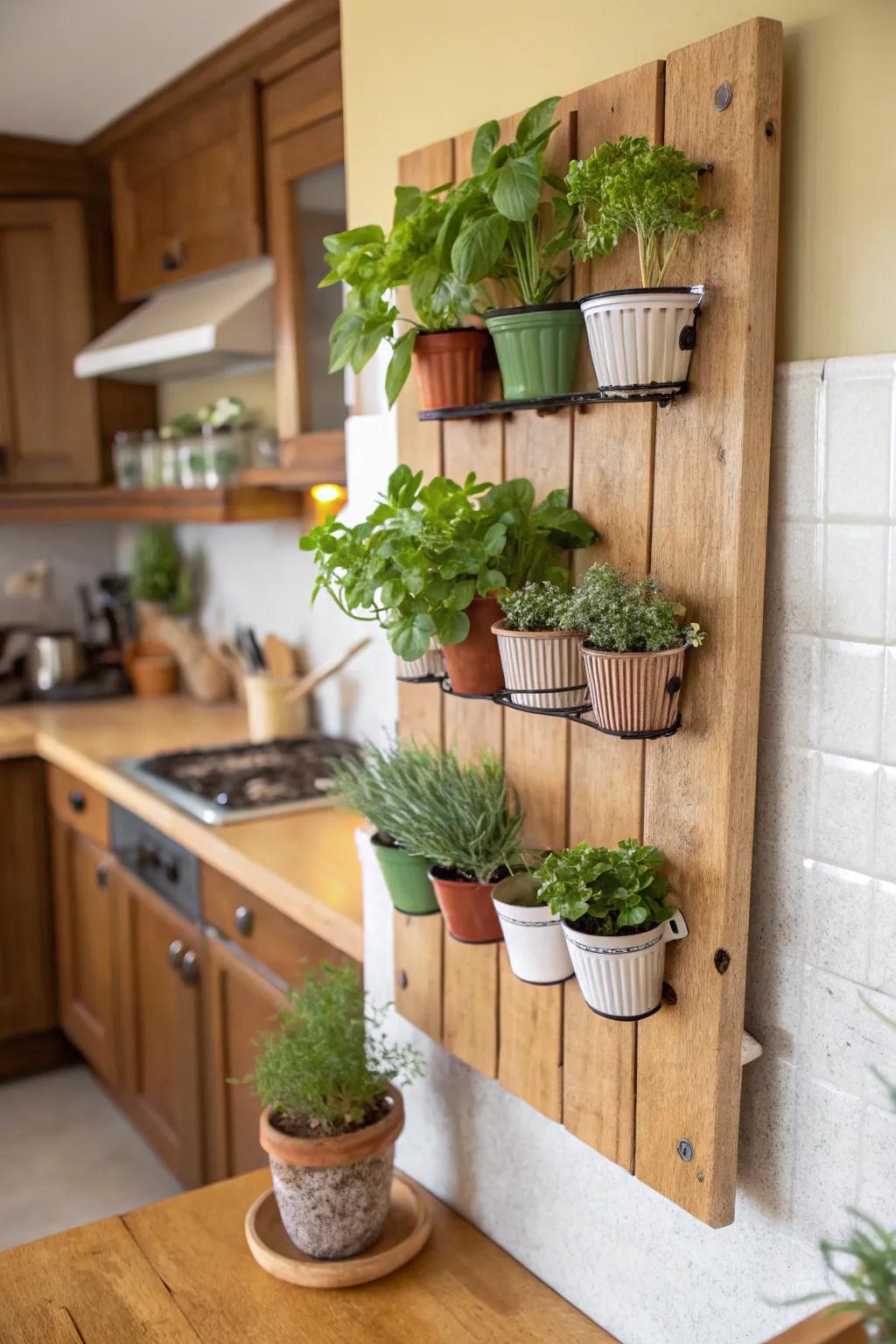 Bring outdoor elements inside through a grain plank mini garden.