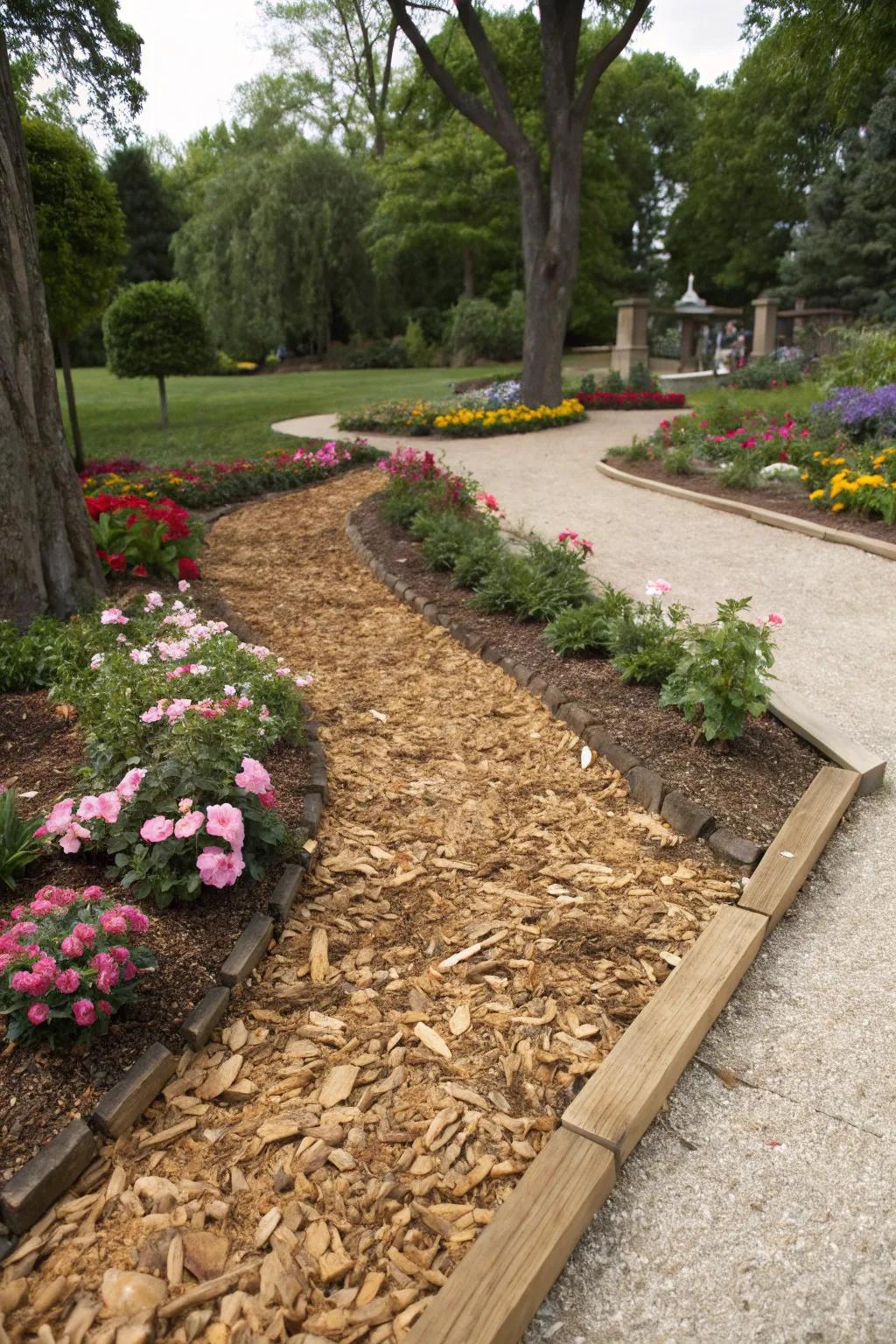 Wood chips provide a low-maintenance alternative to traditional lawns.