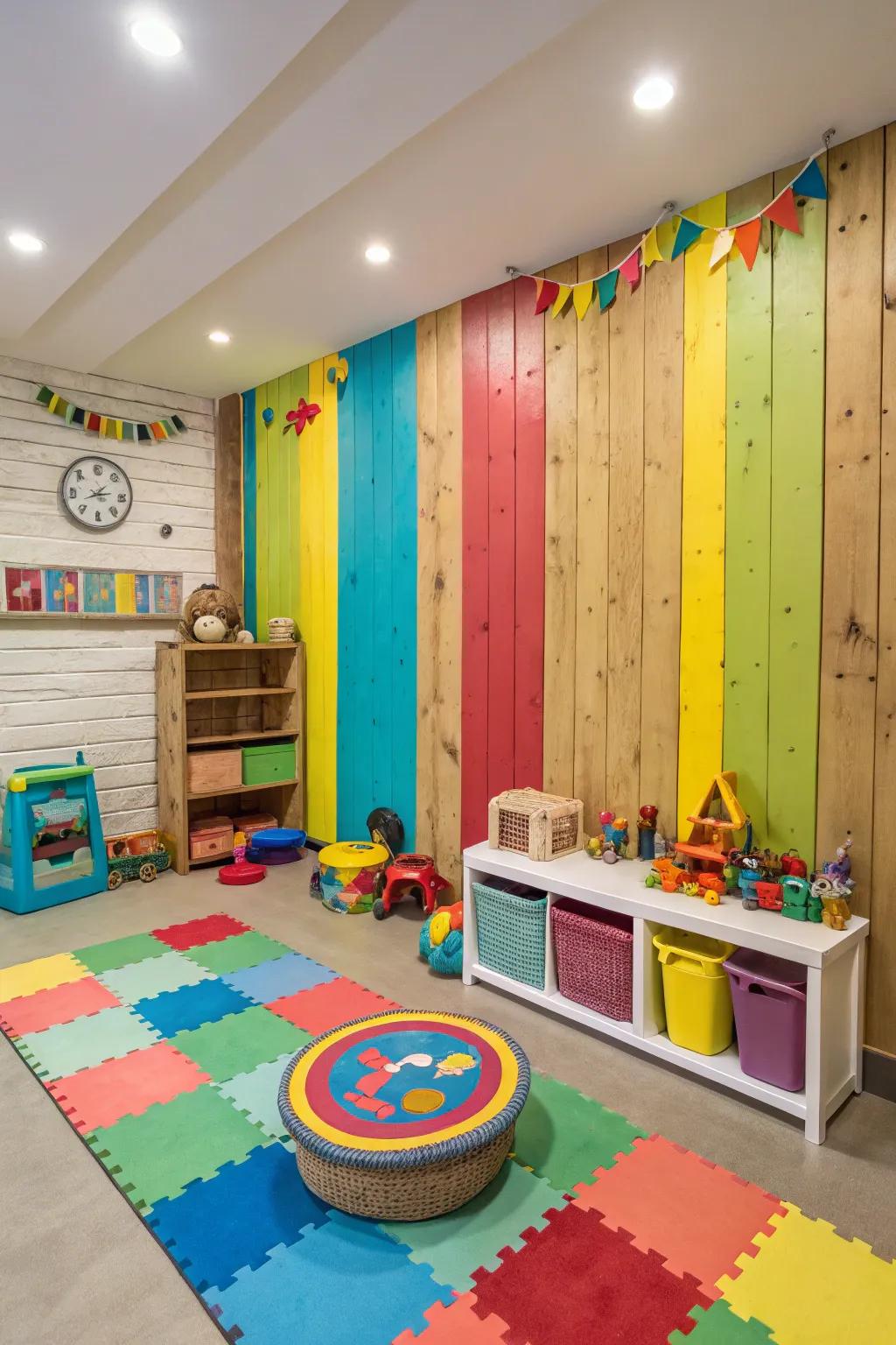 Color-blocked lumber panels bring playfulness to any room.