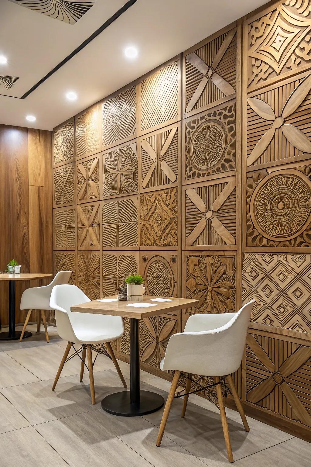 Patterned wood paneling makes a bold artistic statement.