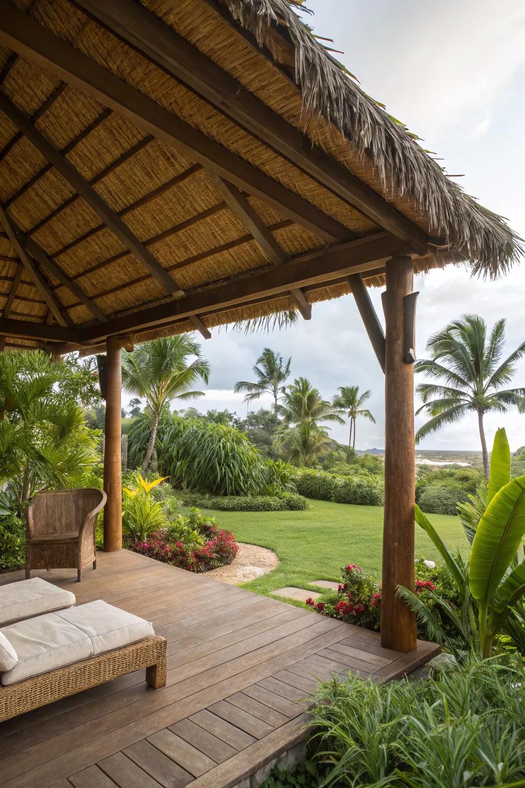An exotic thatched roof imparting charm to a patio shelter.