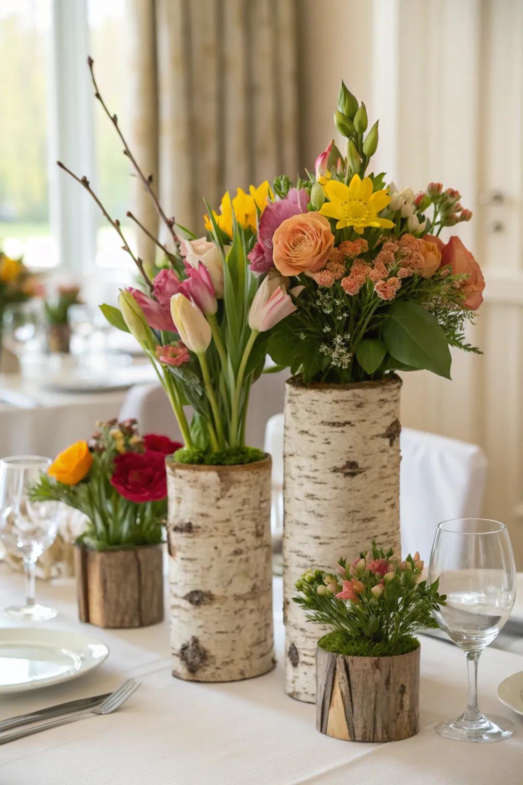 Add texture with bark-inspired vases.