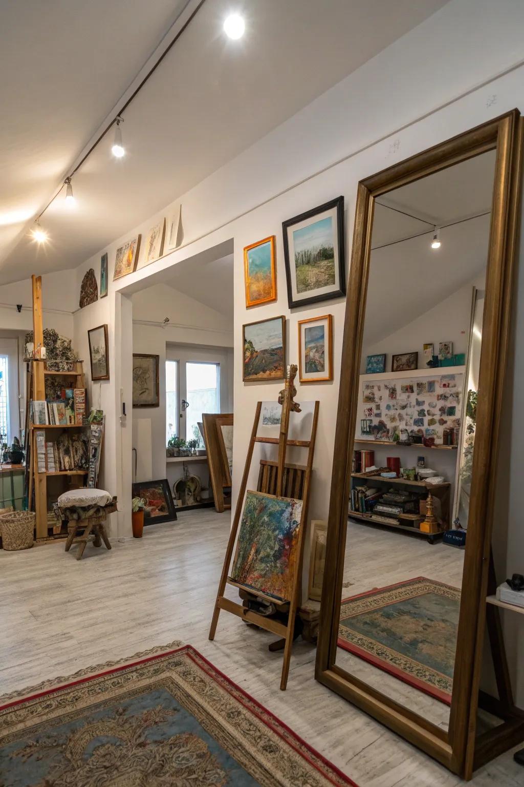 Mirrors add brightness and make the studio feel more spacious.