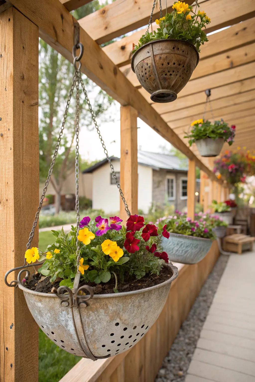 Hanging strainer blossom beds inject a quirky touch into this garden.