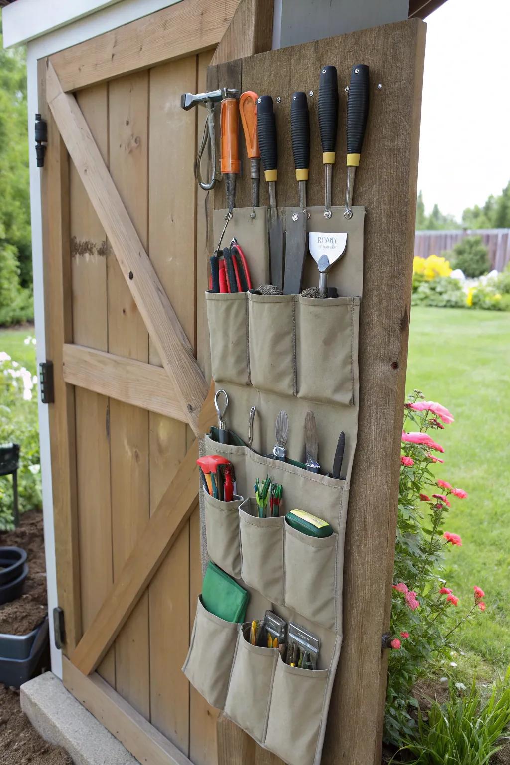 An upcycled shoe holder is used innovatively for tool organization.