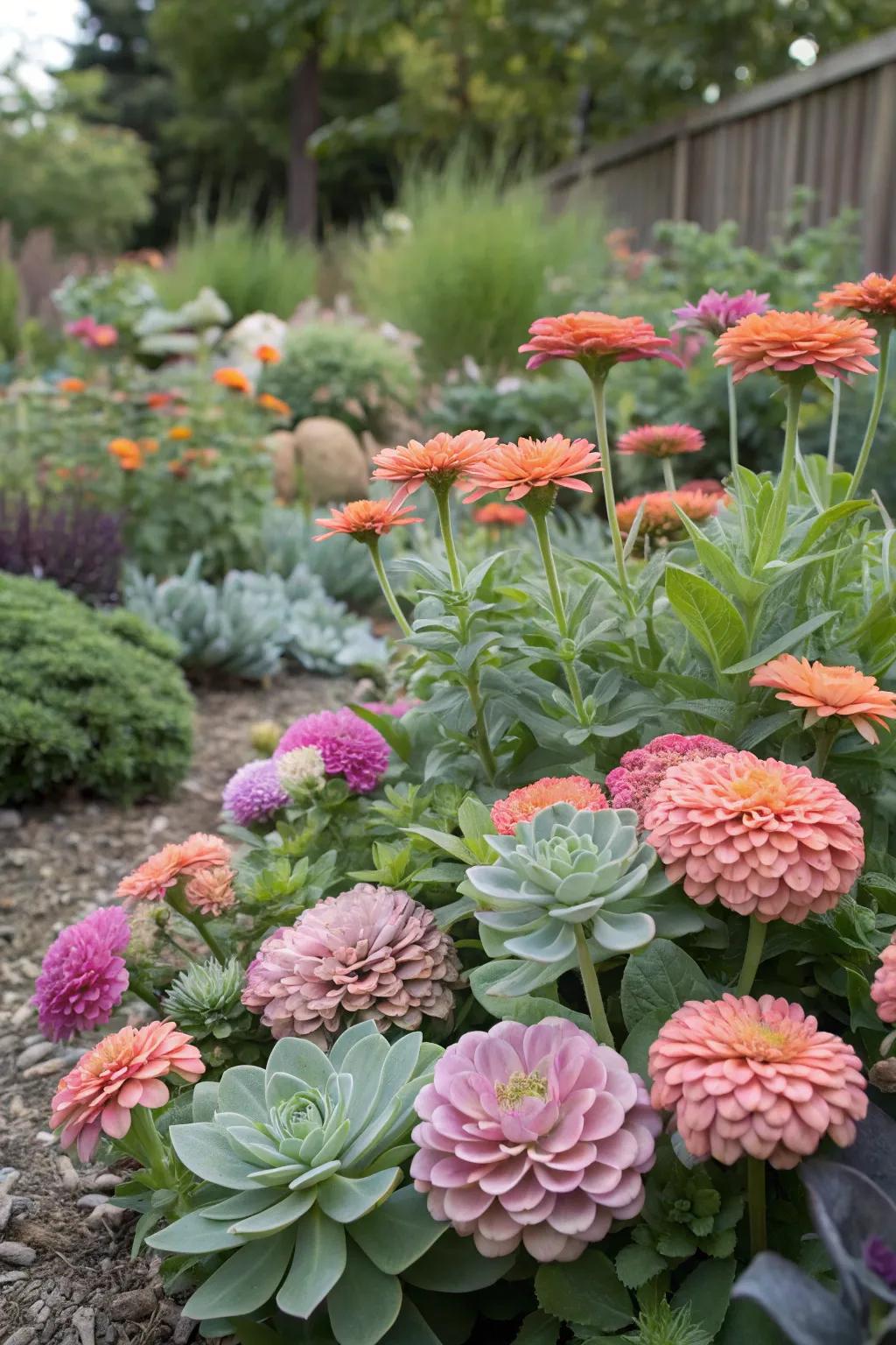 Contrasting textures in a garden with zinnias and succulents.