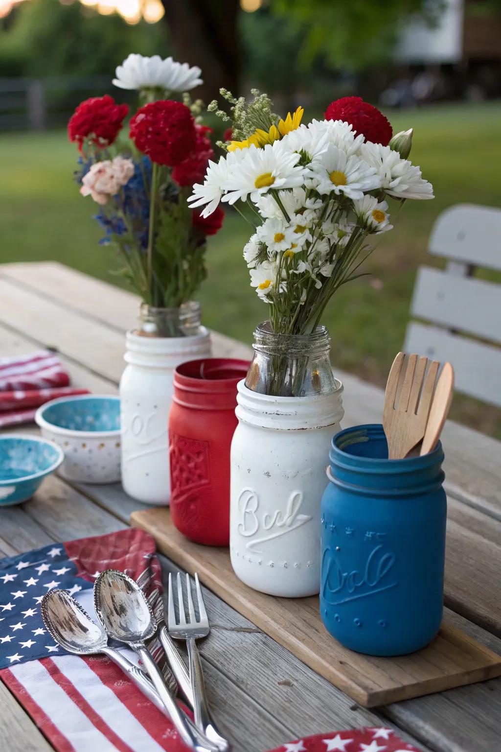 Painted mason jars serve as creative and colorful accents for your picnic.