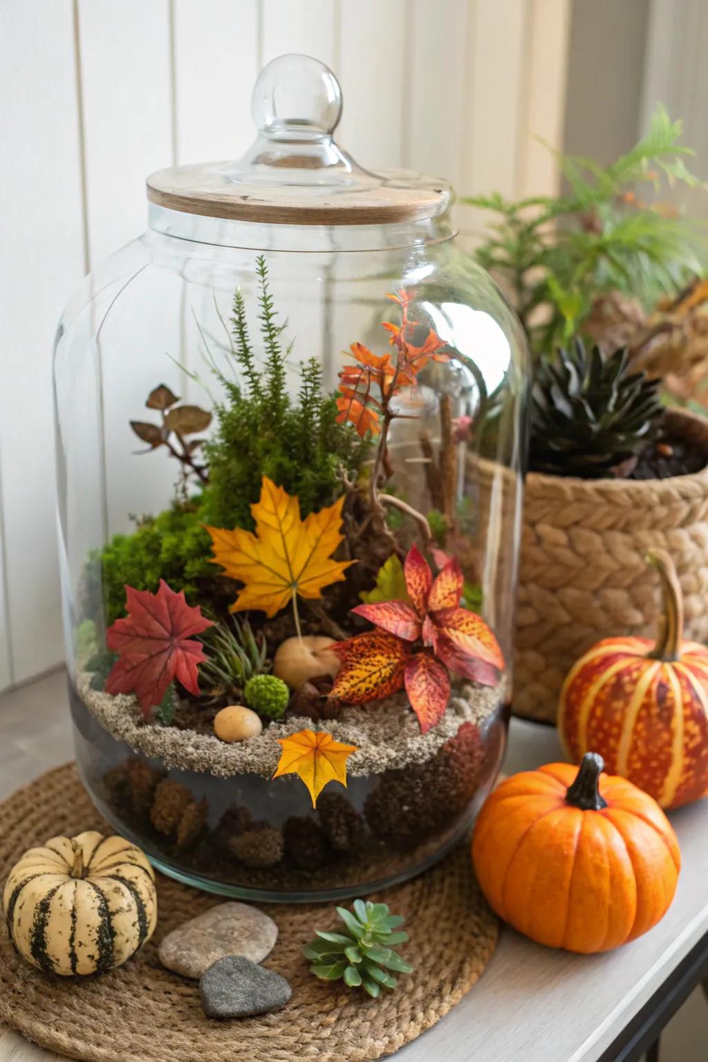 A changing seasons scene terrarium showing the beauty of fall.