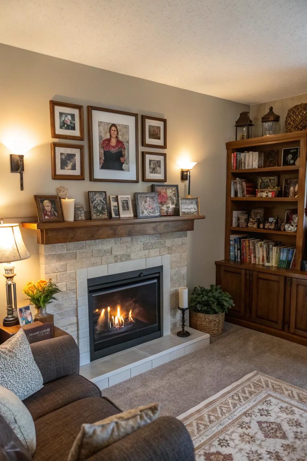 Personal keepsakes generate a unique and meaningful display above the fireplace.