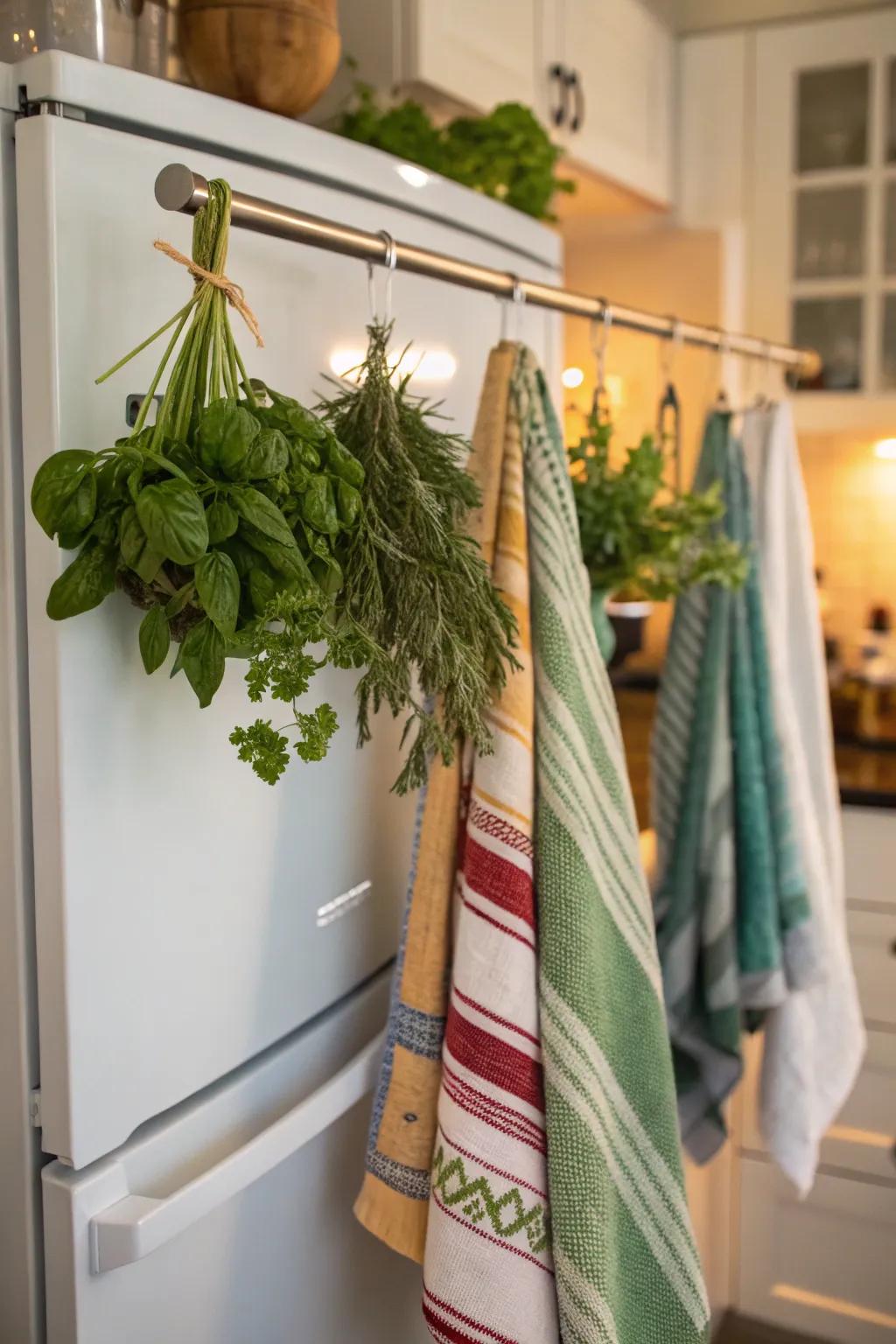 A tension-mounted pole over the refrigerator enhances unconventional functionality.