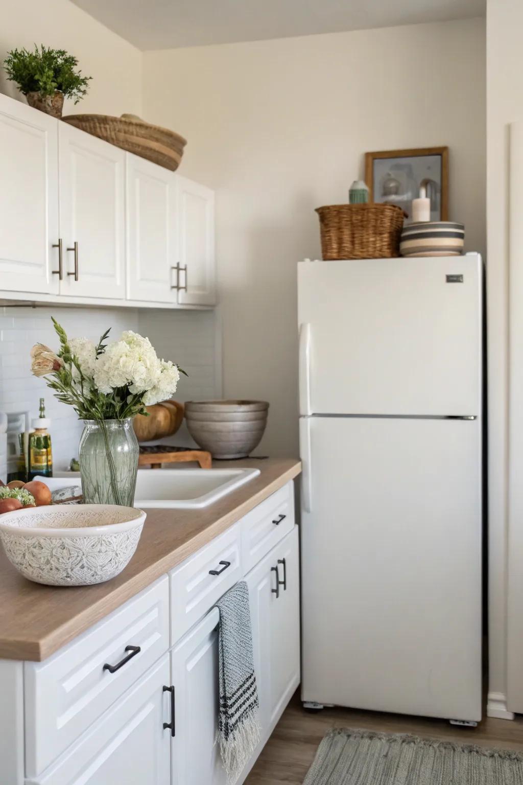 Less decor makes a peaceful zen space above the fridge.